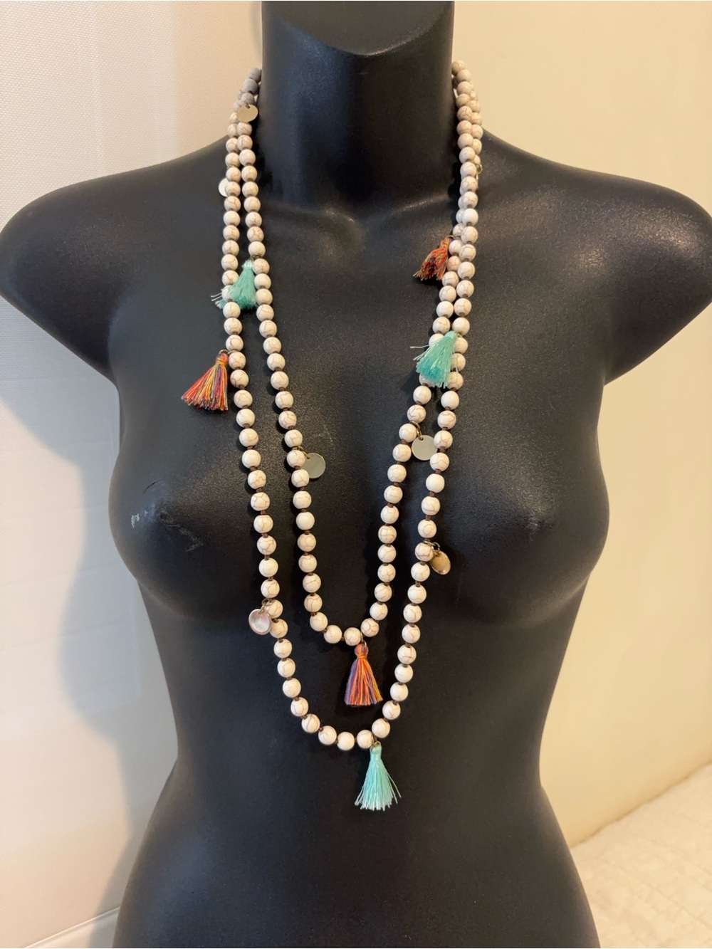 White Howlite & Tassels Long Mala-Inspired Necklace
